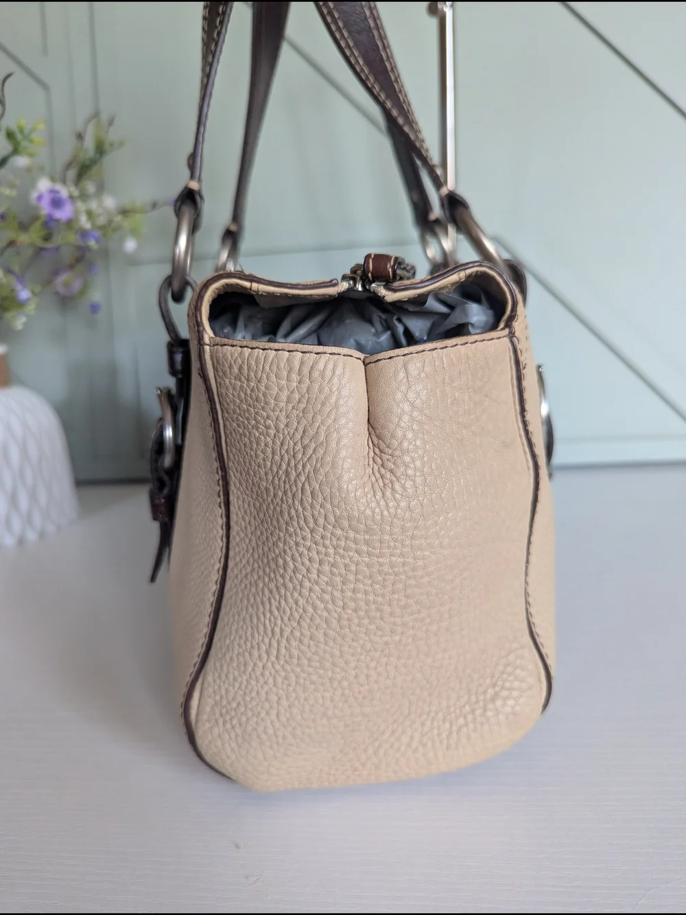 Coach Beige Leather Satchel with Dark Brown Straps